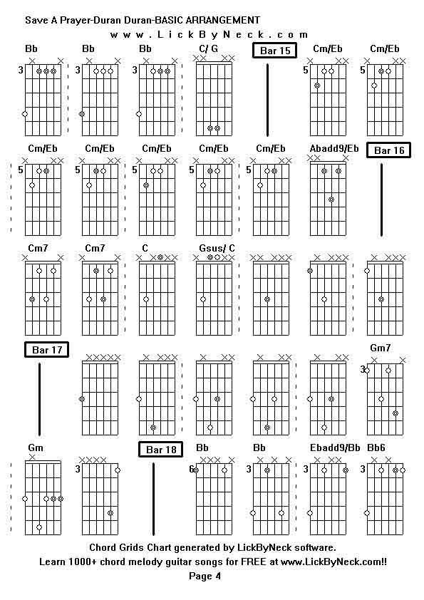 Chord Grids Chart of chord melody fingerstyle guitar song-Save A Prayer-Duran Duran-BASIC ARRANGEMENT,generated by LickByNeck software.